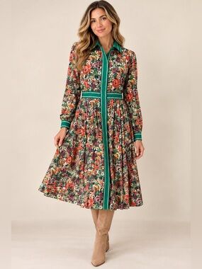 GT-0253 Brooks Brothers Red Fleece Floral Midi Shirt Dress Green Trim Size 8